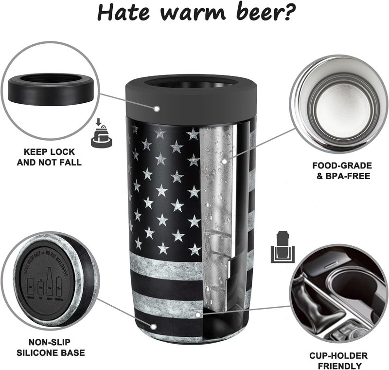 ITSLIFE 4-in-1 Slim Can Cooler Easy to Hold Insulated Beer Can Holder Double-walled Stainless Steel for All 12 Oz Cans Gift (Black America Flag 2) - Image 3